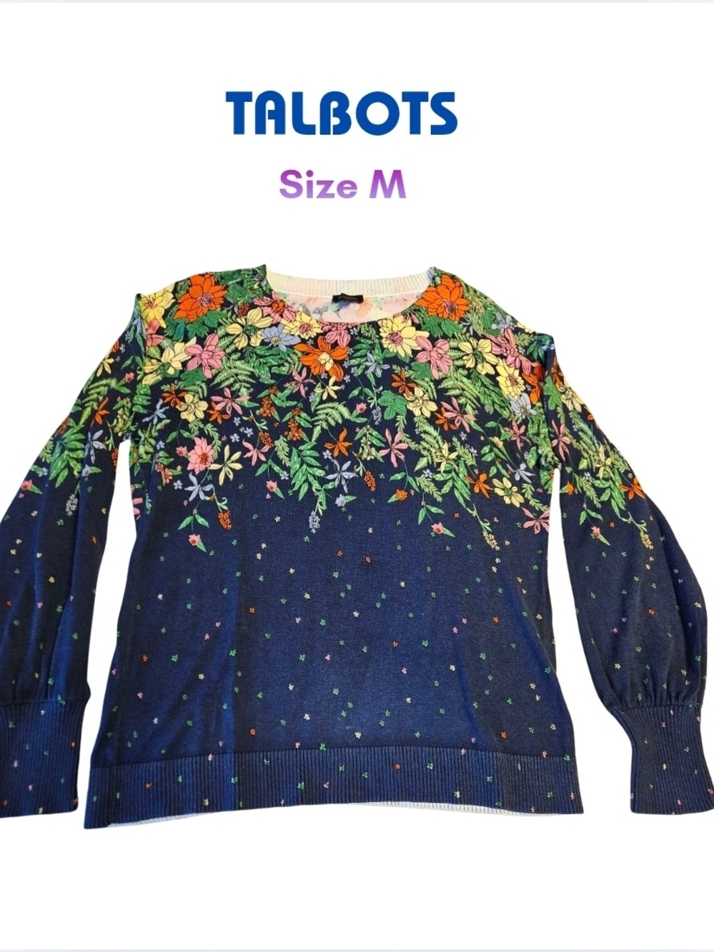 🌺Talbots Navy Floral Crewneck Sweater with Multicolor Blooms